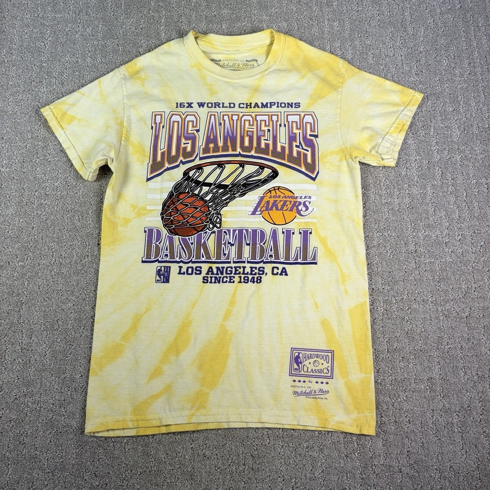 Mitchell Ness LA Lakers Tie Dye Shirt Mens S 16x World Champions Vintage Graphic